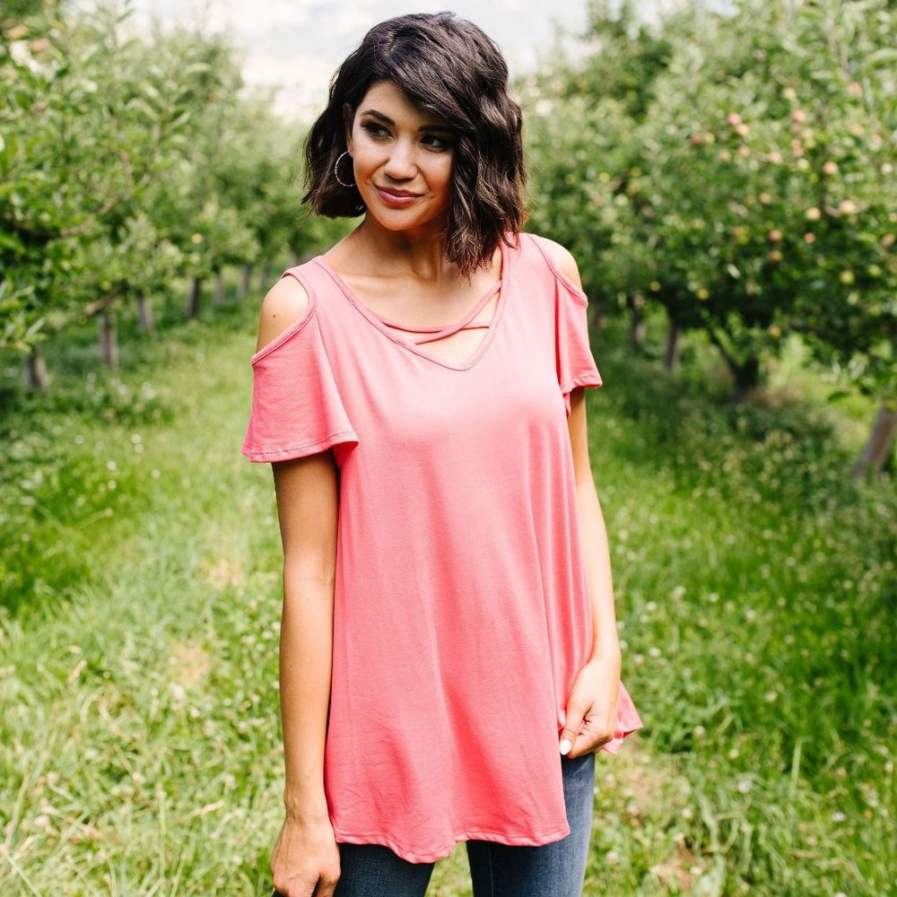 Cold Shoulder Crossed Heart Top In Coral